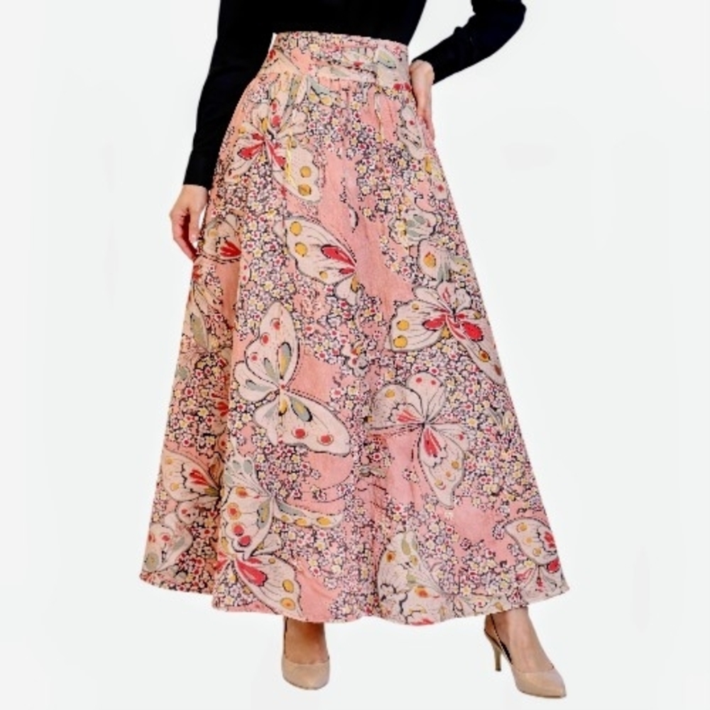Paul & Joe Pink Butterfly A-Line Pink Peach Maxi Silk Skirt With Yellow Florals - Picture 2 of 12